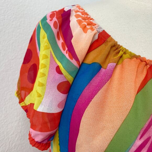 Colorful Sheer Chiffon Boho Blouse Large Boho Bold Op Art Whimsy Festival Resort - Picture 3 of 8